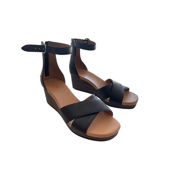 Ugg Womens Black Eugenia Leather Back Zipper Ankle Strap Wedge Sandals Size 6.5 - Picture 8 of 8